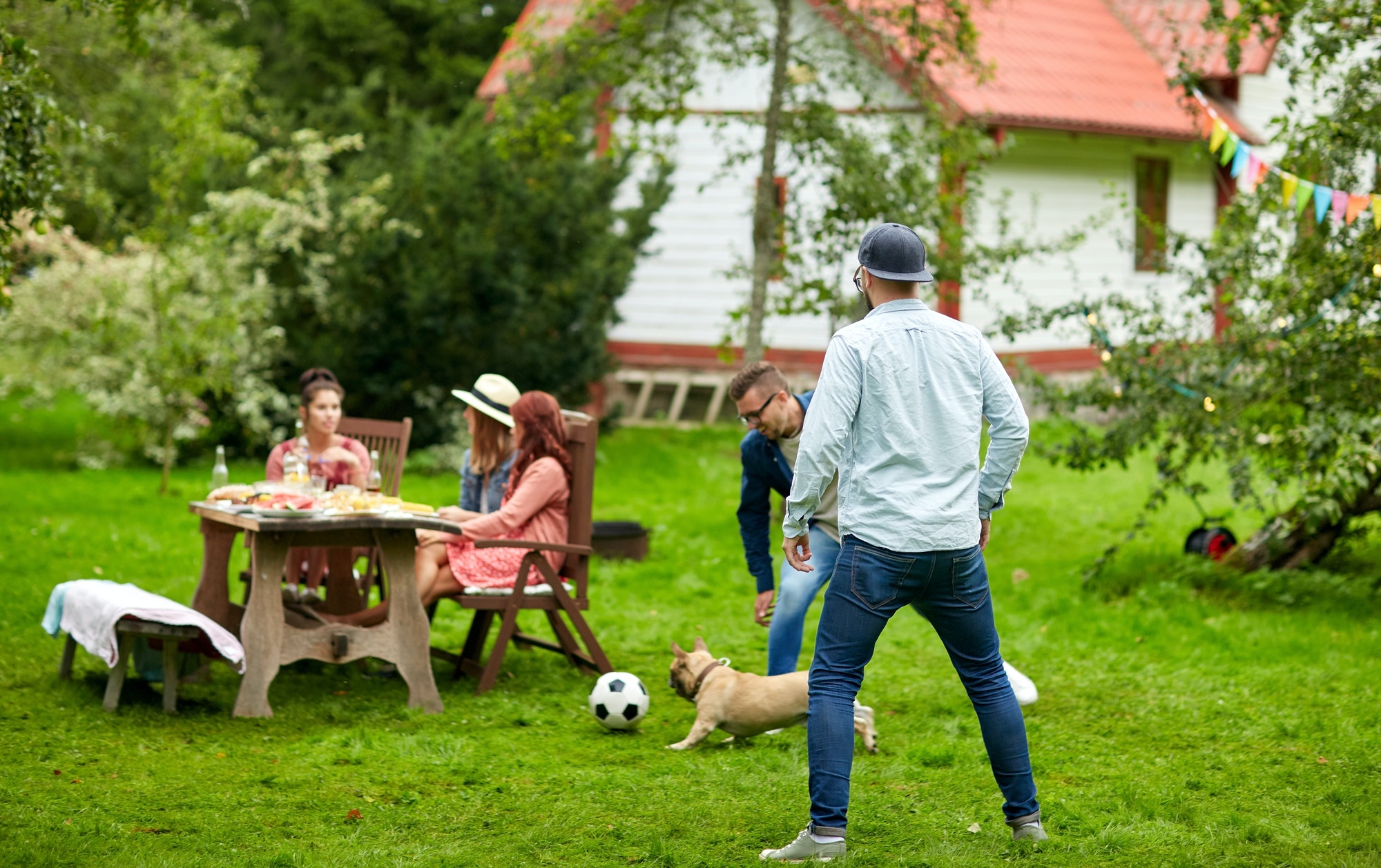 friends playing football with dog at summer garden